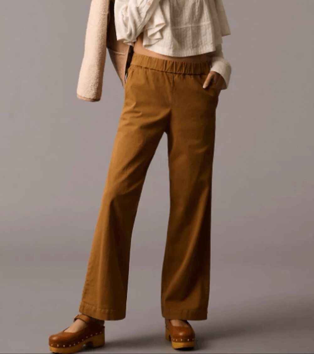 Anthro $189 Velvet By Graham & Spencer Wide Leg Twill Pull-on Naya Pant Tan M NW